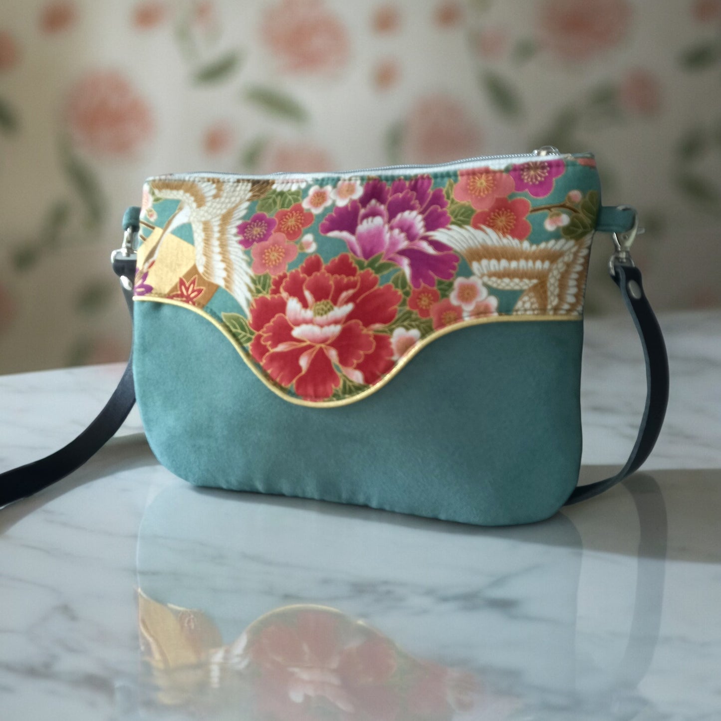 Sac Pils vert pastel fleurs or